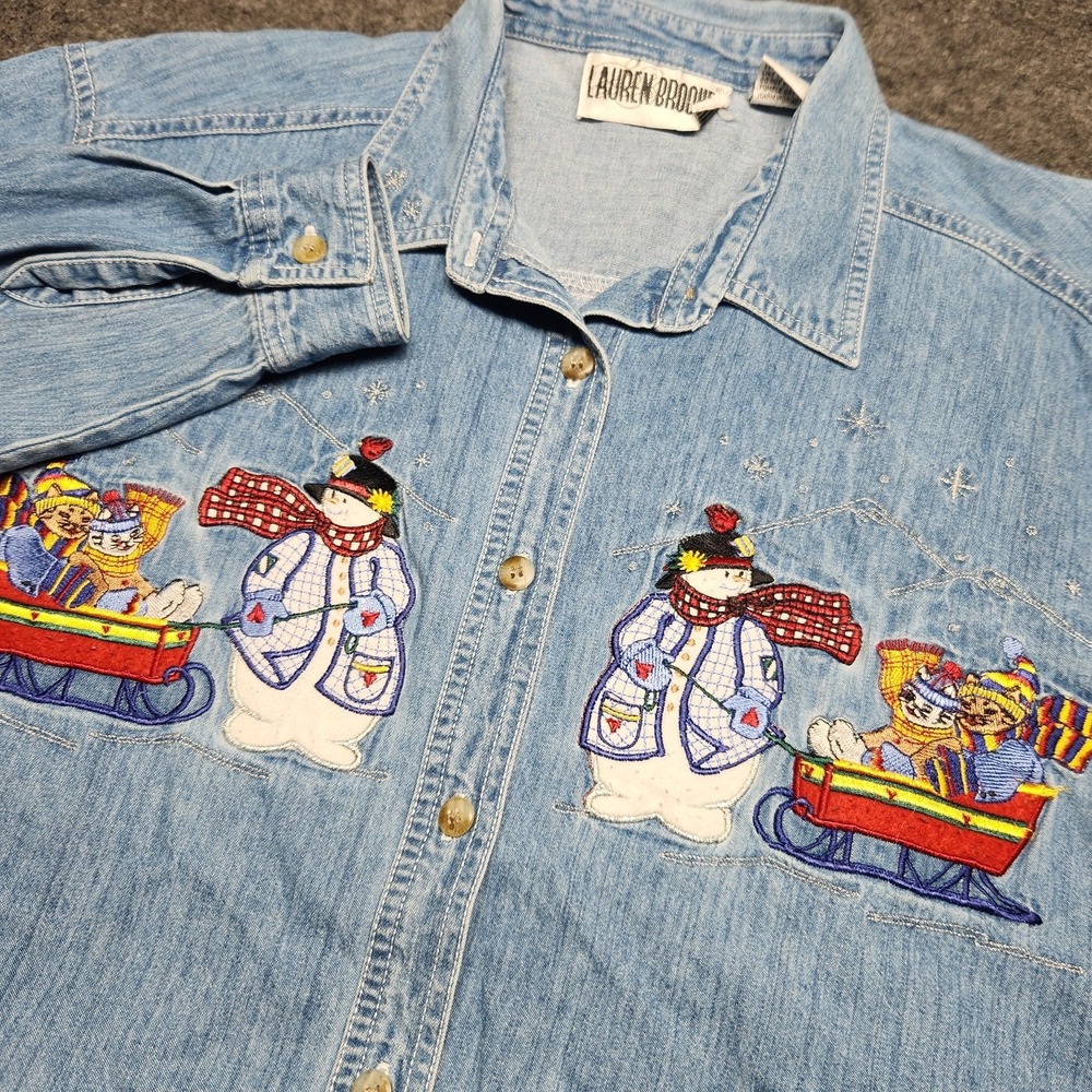 Lauren Brook Vintage Long Sleeve Denim Embroidered Christmas Snowman Shirt Large